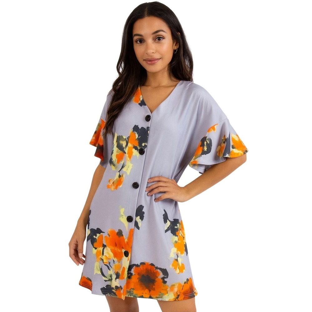 Order Plus Floral Ruffle Sleeve Button Front Tunic Top Lavender Orange Print‎ M